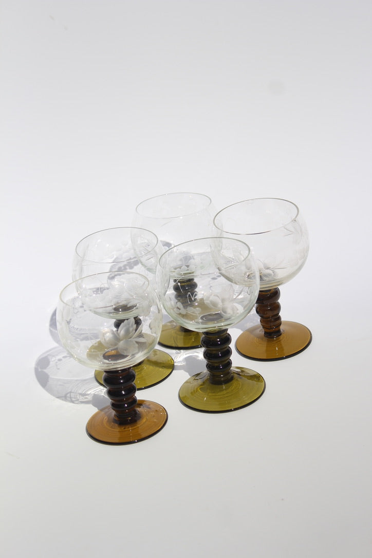 Roemer Germany Olive Green Stemmed Goblets – Etched Grapevine Design