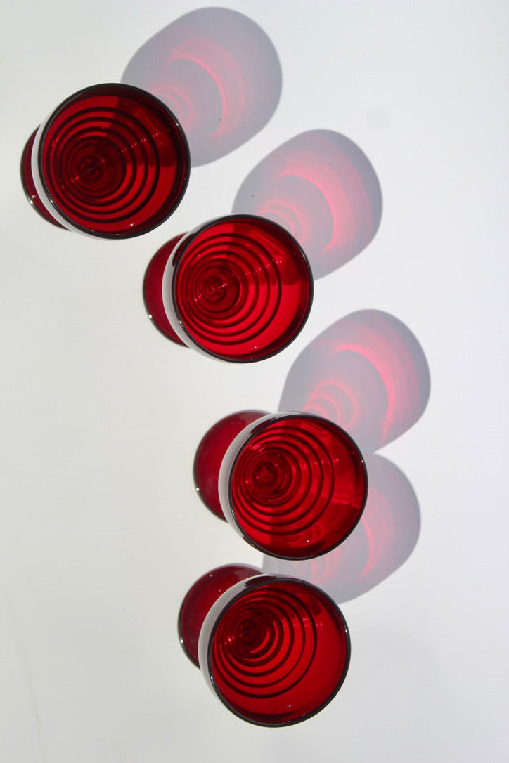 Paden City Penny Line Ruby Red Coup Glasses