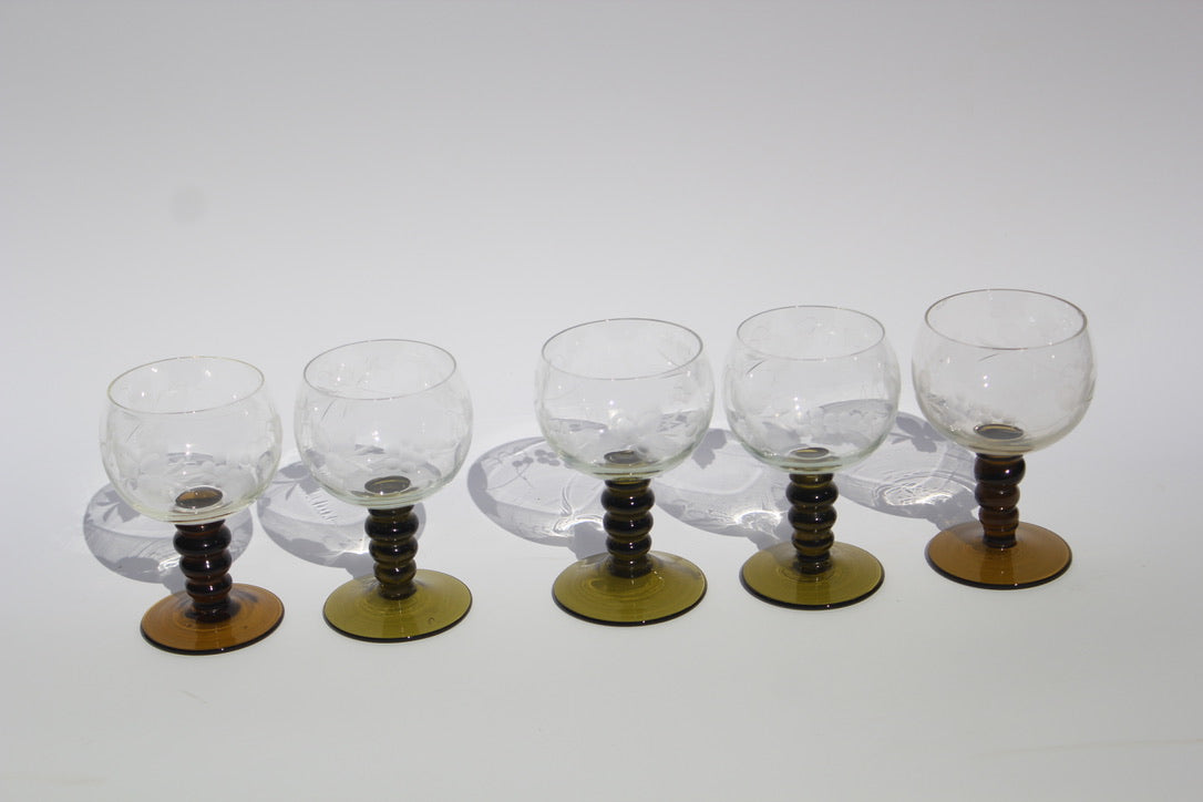 Roemer Germany Olive Green Stemmed Goblets – Etched Grapevine Design